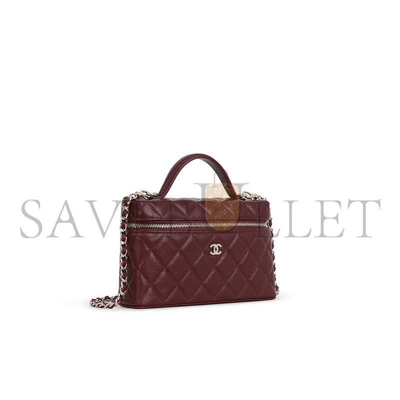 CHANEL MASTER TOP HANDLE VANITY WITH CHAIN BURGUNDY CAVIAR  CHAMPAGNE GOLD HARDWARE AP4385 (19*14*5cm)